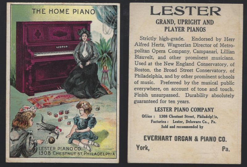 VICTORIAN TRADE CARD FOR LESTER PAINOS WITH MOTHER AND GIRLS PLAYING