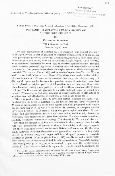 "Spontaneous Mutations in Dry Spores of Neurospora Crassa." Offprint from: Zeitschrift fur Vererbungslehre, 90.