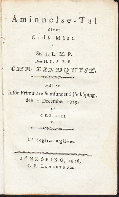 Åminnelse-tal öfver ordf. mäst. i St.J.L.M.P. den…