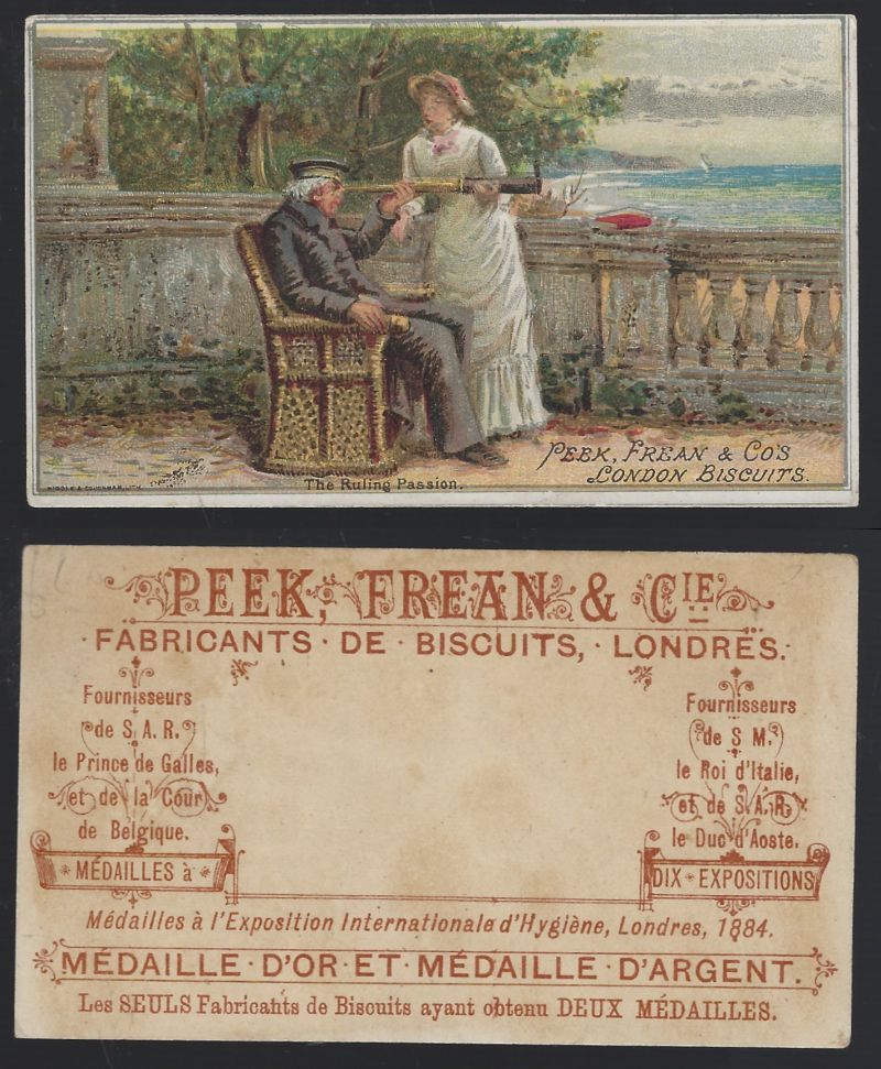 VICTORIAN TRADE CARD FOR PEEK, FREAN AND CO. LONDON BISCUITS WITH OLD CAPTAIN LOOKING THROUGH TELESCOPE, THE RULING PASSION