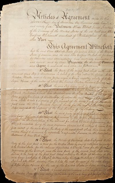 1795 Contract between Merchant John Godfried Wachsmuth and US Treasury Secretary Oliver Wolcott Jr., Arranging a Large Sale of Goods through a Prominent Amsterdam Banking Firm