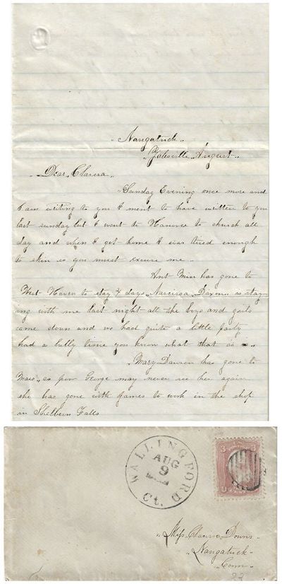 Early 1860s – A letter from “N. M. G.”. to a friend, Clarissa, describing Yalesville, Connecticut social life including an emotional but non-sexual sleeping relationship with a friend, Ollie