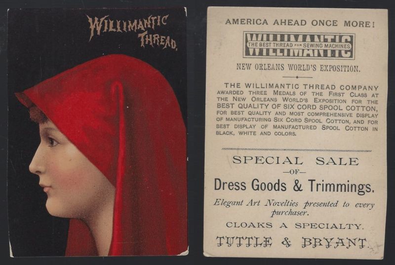 VICTORIAN TRADE CARD WILLIMANTIC THREAD WITH LOVELY LADY IN RED