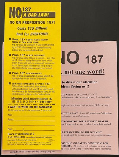 [Two leaflets opposing Proposition 187]