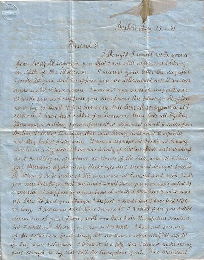 1849 – A letter describing an assembly of 20 Massachusetts militia companies at Boston, an upcoming visit of President Zachary Taylor, and an outbreak of Cholera
