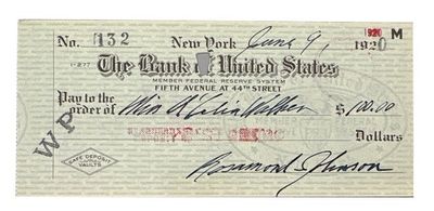Cancelled check from Rosamond Johnson for $100 drawn on The Bank of United States on Fifth Avenue at 44th Street. Endorsed on back by Walker