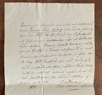 [Intyg för organist i Järeda församling 1855]