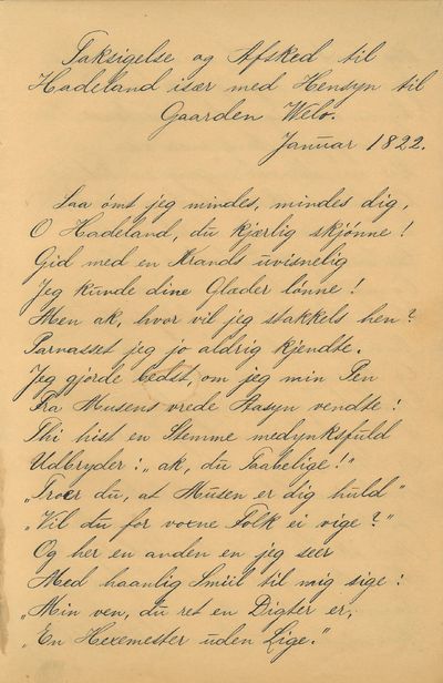 Taksigelse og Afsked til Hadeland især med Hensyn til Garden Welo. Januar 1822. Sent 1800-talls avskrift av originalen. (photo 2)