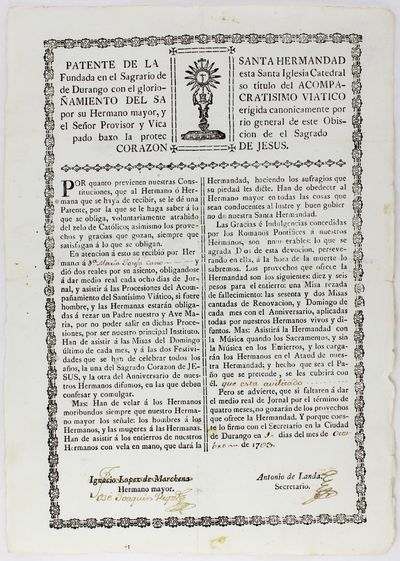 Patente de la Santa Hermandad Fundada en el Sagrario de Esta Santa Iglesia Catedral de Durango con el Glorioso Titulo del Acompañamiento del Sacratisimo Viatico por Su Hermano Mayor, y Erigida Canonicamente por el Señor Provisor y Vicario General de Este Obispado Baxo la Proteccion de el Sagrado Corazon de Jesus [caption title]