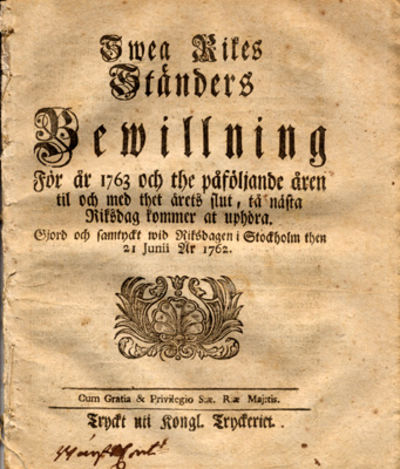 Swea Rikes ständers bewillning för år 1763 och…