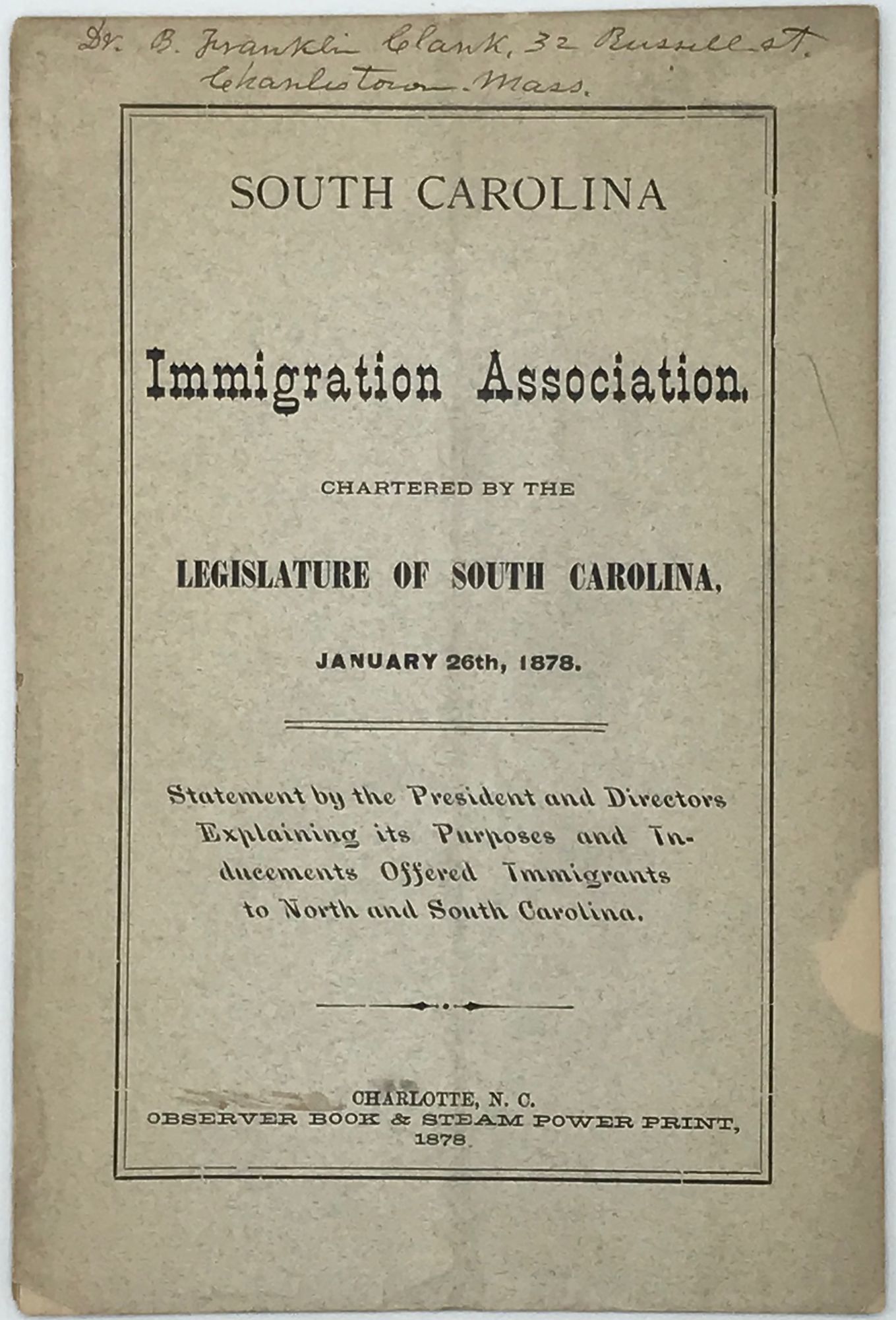 South Carolina Immigration Association, Chartered