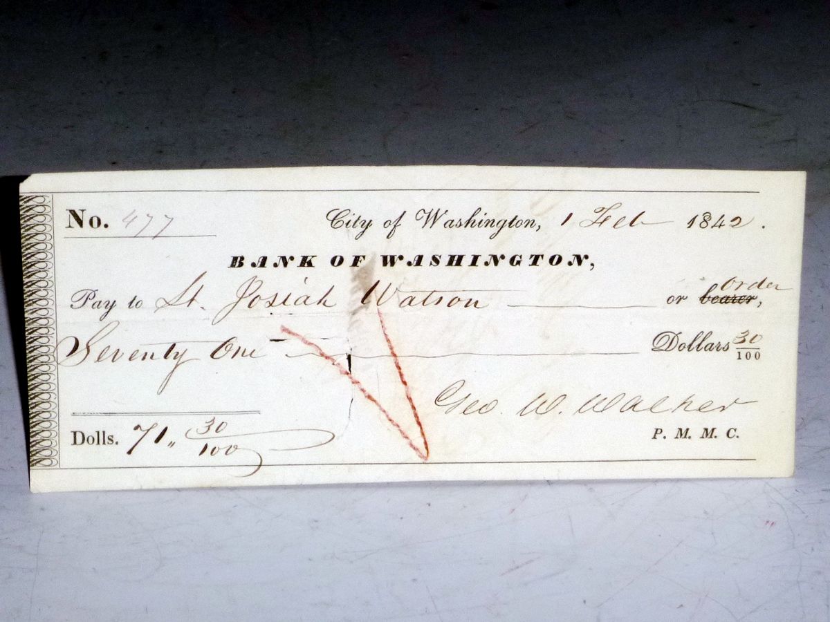 Original 1842 Paymaster's Check to Washington, D.C