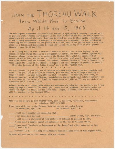 [Flyer]: Join the Thoreau Walk from Walden Pond to Boston April 14 and 15, 1965