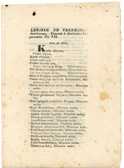 Letaniae de Venerabili Sacramento. Concesae a Santissimo Papa Nostro Pio VII. Ano de 1804