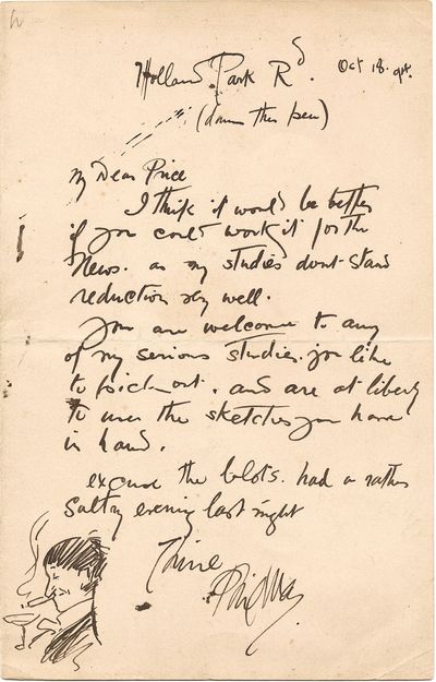 May includes an inebriated self portrait bust length sketch at the end of his letter allowing his co...