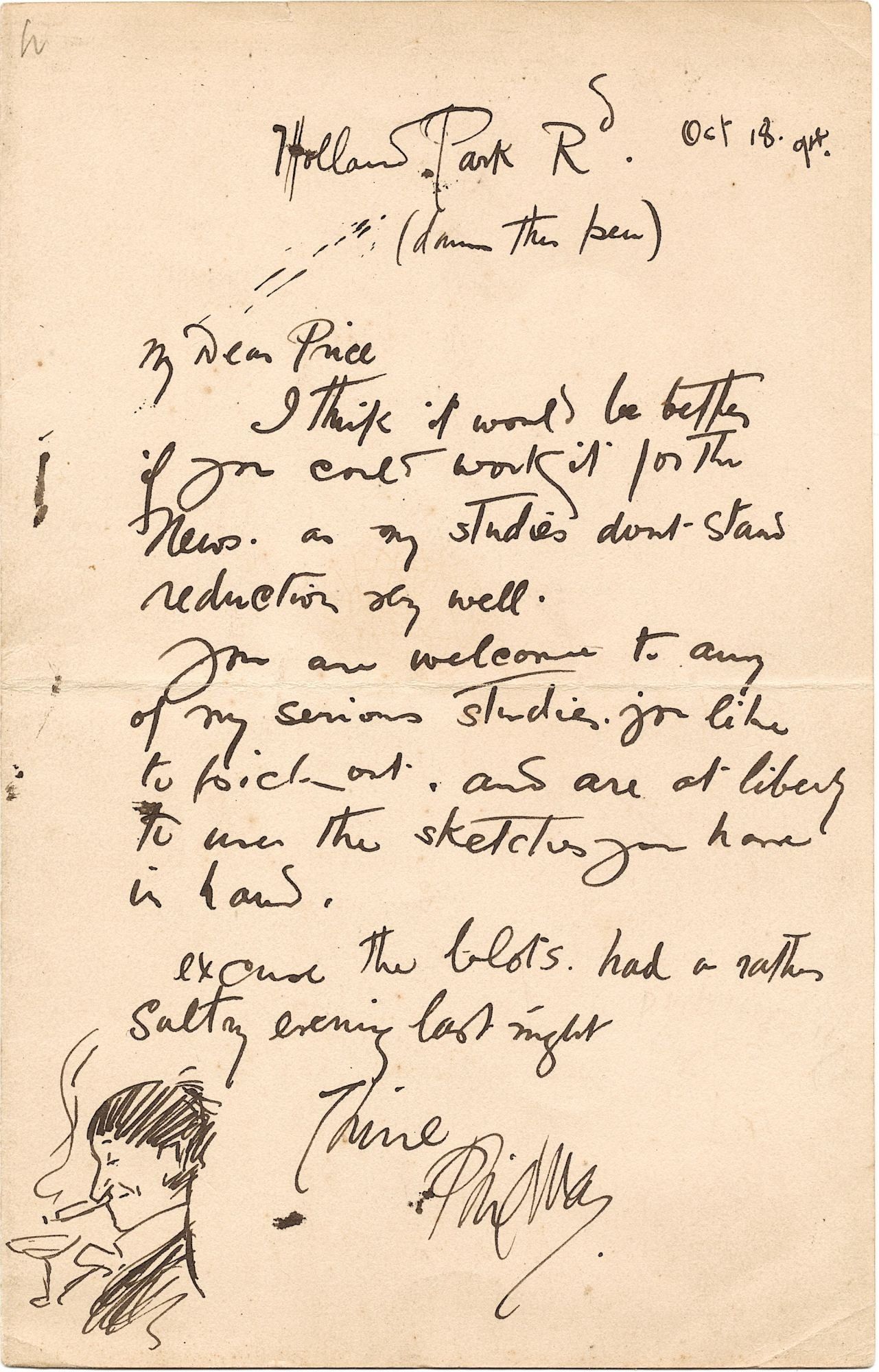 Original drawing in an Autograph Letter Signed, Ho