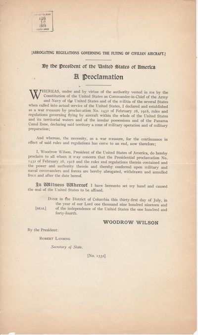 (Abrogating Regulations Governing the Flying of Civilian Aircraft). A Proclamation By the President of the United States