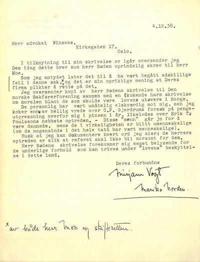 Brev til advokat Winsnes, datert 4. desember 1938.