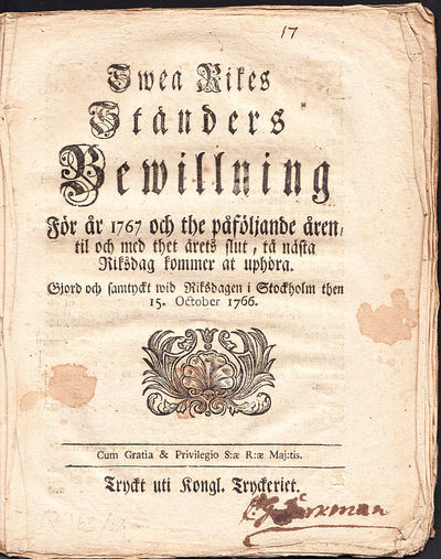 Swea rikes ständers bewillning för år 1767 och…