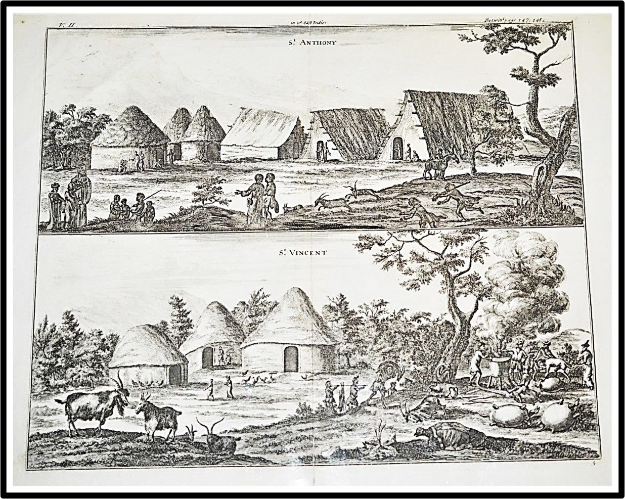 Copperplate 18th Century Engraving Two views of villages on the Islands