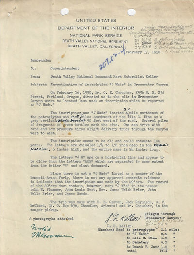 [Circa 1850] 1950 - Photographs and description of graffiti left in Greenwater Canyon by an early traveler through Death Valley, perhaps by a member of the lost 1849 Death Valley Wagon Train which wandered through this area