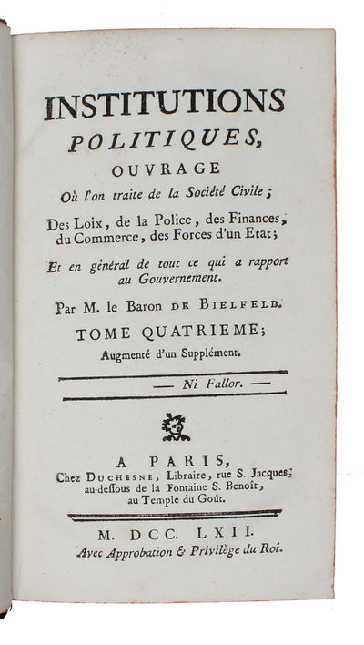 Institutions politiques, ouvrage où l’on traite de la Société Civile, des loix, de la police, des finances, du commerce, des forces d’un état. 4 vols. (photo 4)