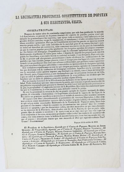 La Legislatura Provincial Constituyente de Popayan a Sus Habitantes, Salud [caption title]