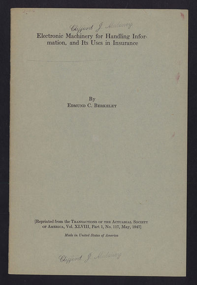 Electronic machinery for handling information, and its uses in insurance. Offprint