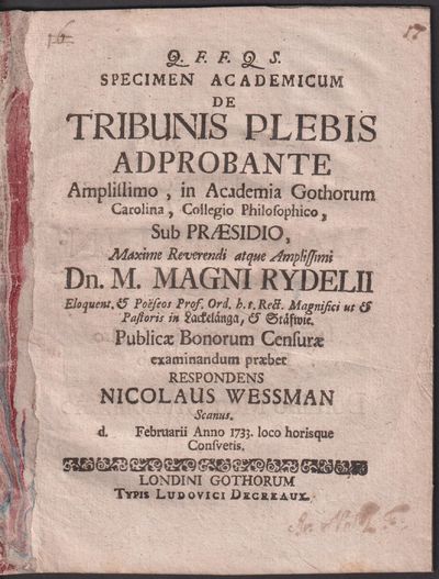 Specimen academicum de tribunis plebis ... sub…