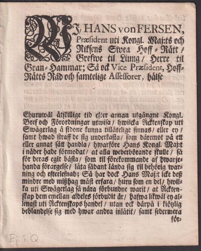 Wi, Hans von Fersen, Præsident uti Kongl. Maj:ts…