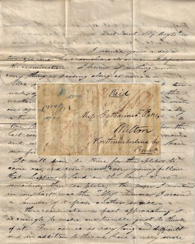 1845 – This four-page stampless folded letter expressing worry about an upcoming examination sent by a cadet at West Point to his sister in Pennsylvania