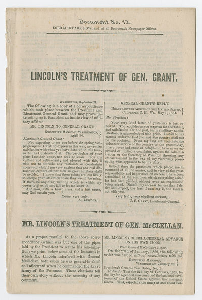 1864 Campaign Blames McClellan’s Failures on Lincoln, Comparing the President’s Treatment of McClellan and Grant