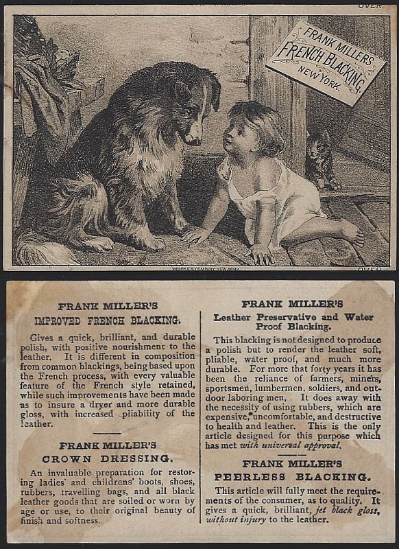 VICTORIAN TRADE CARD FOR FRANK MILLER'S FRENCH BLACKING WITH BABY AND DOG