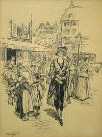 Pen and Ink Drawing depicting a Fashionable Lady standing in Front of a Parisian Café