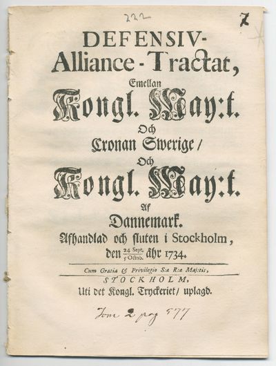 Defensiv-alliance-tractat, emellan kongl. may:t…