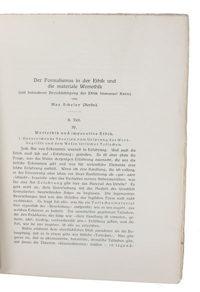 Der Formalismus in der Ethik und die materiale Wertethik mit besonderer Berücksichtigung der Ethik Immanuel Kants. (2 Teile). (1. Teil: Sonderausdruck aus: "Jahrbuch für Philosophie und phänomenologische Forschung", Bd. I. Herausgegeben von E. Husserl... - [FOUNDING ETHICS AS A THEORY OF VALUE] (photo 3)
