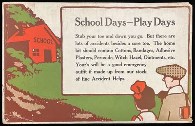 School Days Play Days" -- Pharmacy Sign Advertising First Aid Products to Families with Children