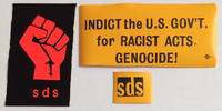 [Three stickers: &quot;Indict the US Gov&#039;t for Racist Acts, Genocide&quot; and two &quot;SDS&quot;] de Students for a Democratic Society - 1972