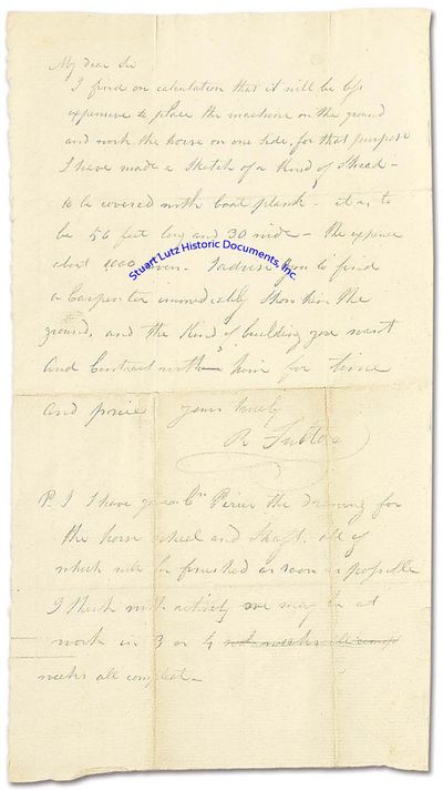 Robert Fulton Handwritten Letter Including A Sketch Of Storage Shed