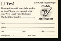 Direct Mail Postcard: Cable TV Arlington by Arlington Cable - 1993 - from Diatrope Books (SKU: 23785)