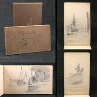 Liten skissbok med klotklädda mjuka pärmar och konstnärens namn skrivet på framsidan...