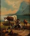 Original Period Early 19th Century Oil on Canvas Painting An Alpine scene depicting figures and animals beside mountainous lake.