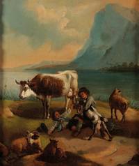 Original Period Early 19th Century Oil on Canvas Painting An Alpine scene depicting figures and animals beside mountainous lake. by CONTINENTAL SCHOOL - from The Antique Map & Bookshop (SKU: 81443)