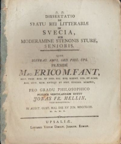 Dissertatio de statu rei litteraria in Svecia,…