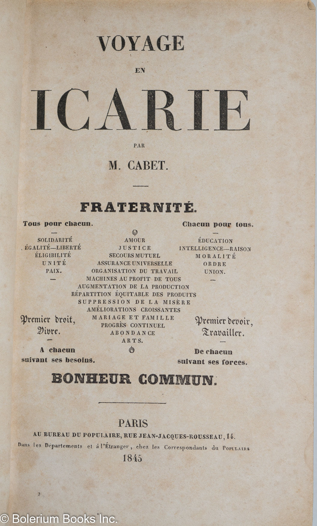Voyage en Icarie by Etienne Cabet 1845 from Bolerium Books Inc