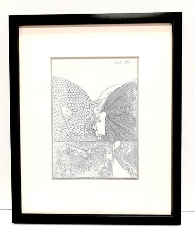 Original drawing signed and dated, 1996, rendered in pen and ink on white artists' board, measures 6.1 x 8.8 inches