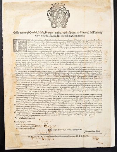 Grida controgli Consoli, Hosti, Brentori, & altri, per l’Osservanza dell’impresa del Datio del vino imposto á favore dell’Illustrissima Commintá