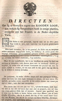 DIRECTIEN Om sig te bevryden tegens den ROODEN LOOP, den welken sig veropenbaert heeft in eenige plaetsen, overgeset uyt het Fransch in de Neder-duytsche Taele... (Brussel, 1779)