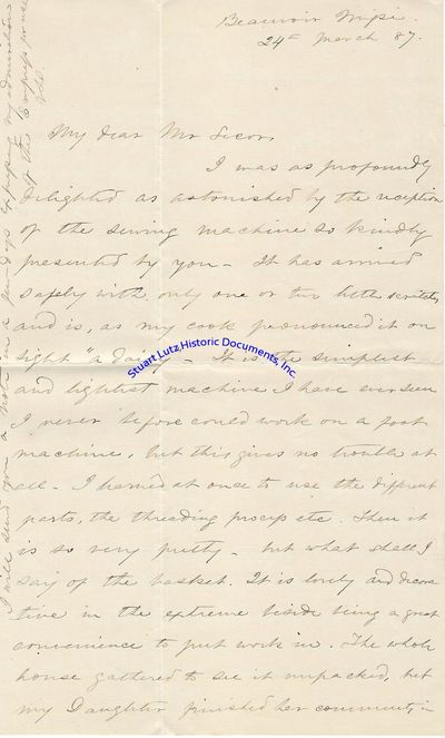 Letter Written By Varina Davis, Wife Of Confederate President Jefferson Davis, Praising A Sewing Machine: It Has Arrived Safely With Only One Or Two Teeth Scratchy And Is, As My Cook Pronounced It On Sight A Daisy