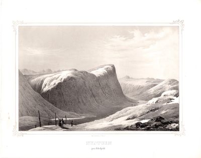 Litografi av “Nystuen paa Filefjeld”. Hentet fra…